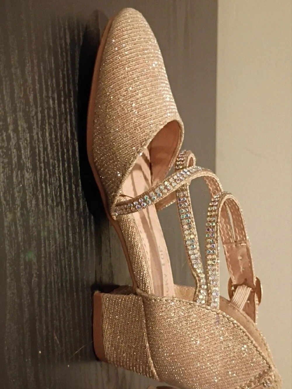Lucky Top Girls' Gold Glitter Dress Heels with Rhinestone Straps
